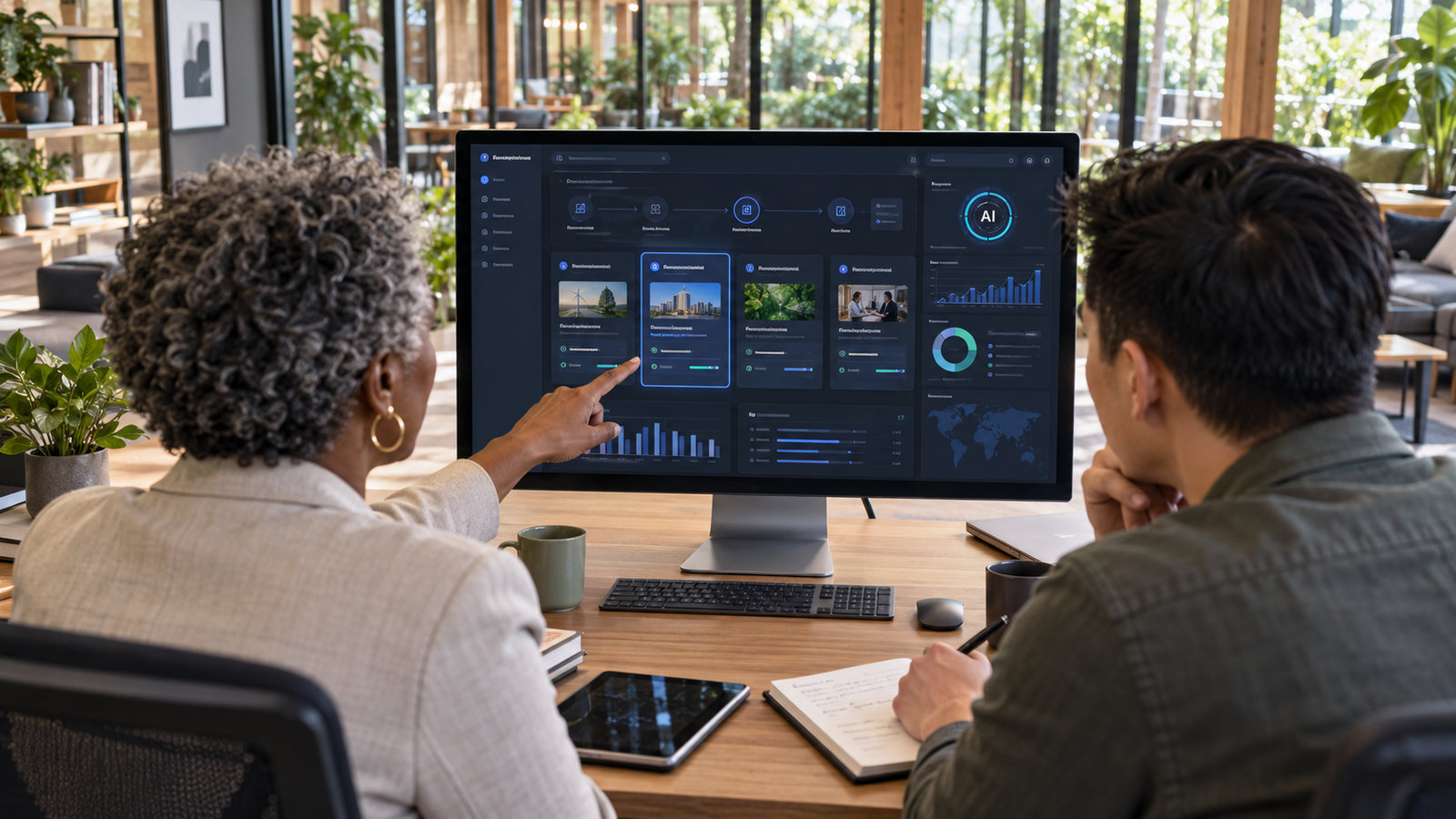 Two professionals studying and discussing AI-generated recommendations on a computer monitor