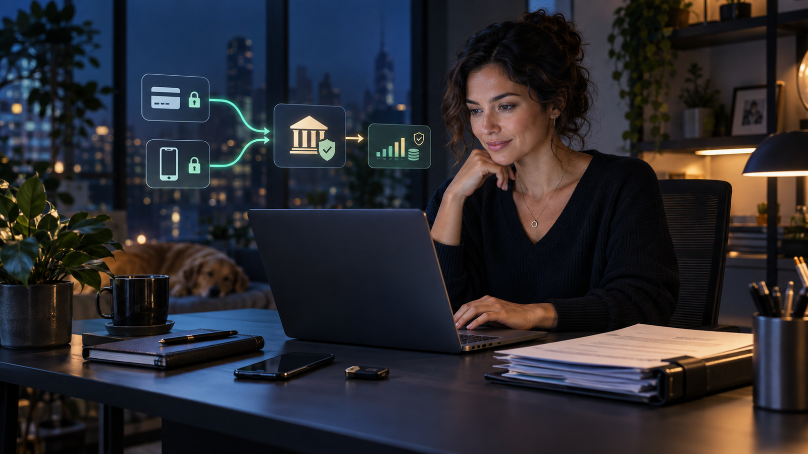 Freelancer managing primary and backup payment systems from a secure digital workspace.