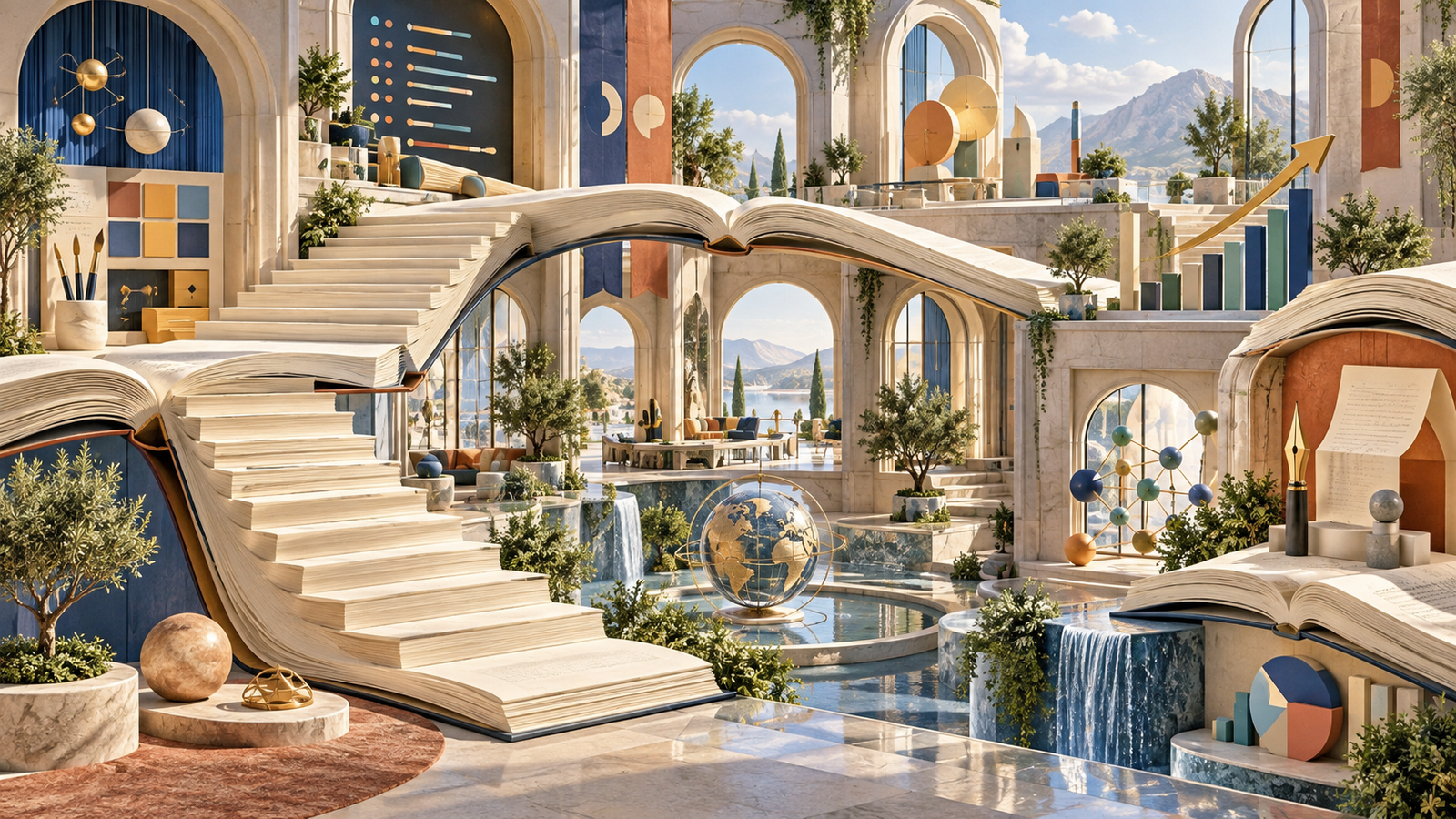 Surreal learning pavilion with open books forming staircases and pathways representing online courses and professional skills