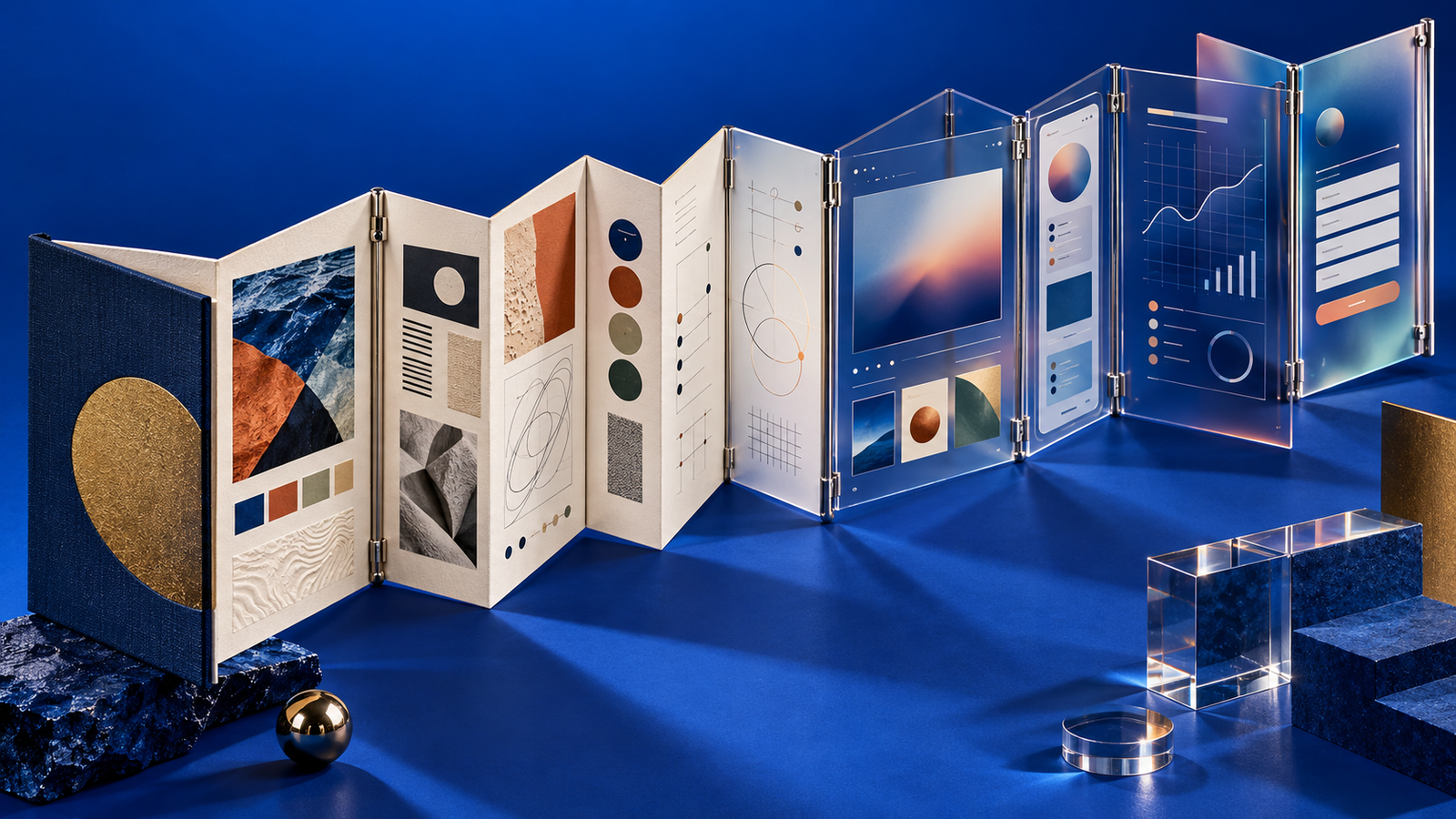 Accordion portfolio transforming from printed freelance work into modern website layouts