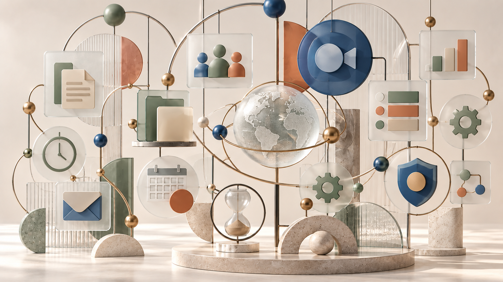 Editorial sculpture representing remote work software for communication, projects, scheduling, file sharing, automation and security