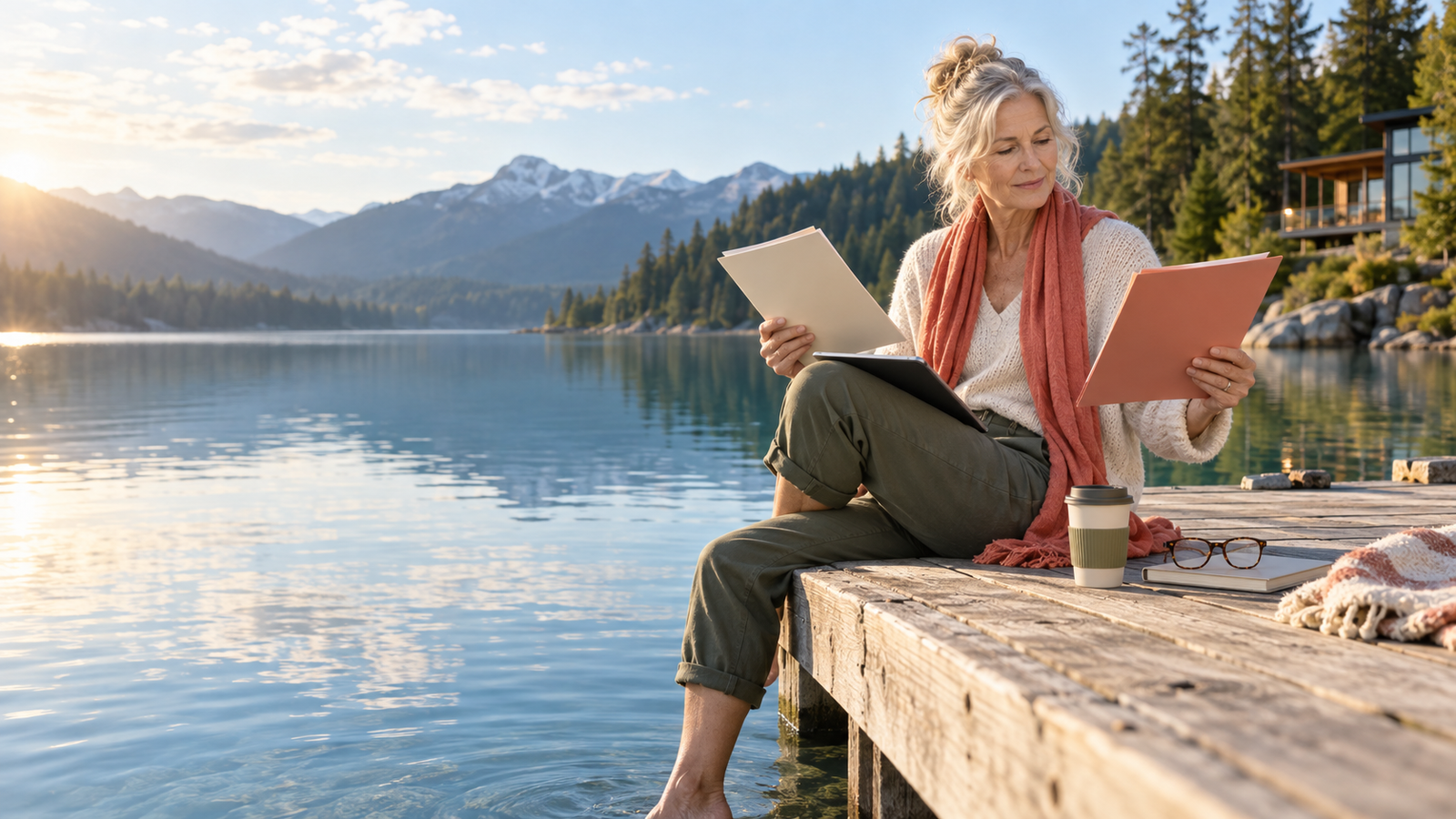 Mature female professional comparing two job-offer folders while sitting beside a peaceful mountain lake.