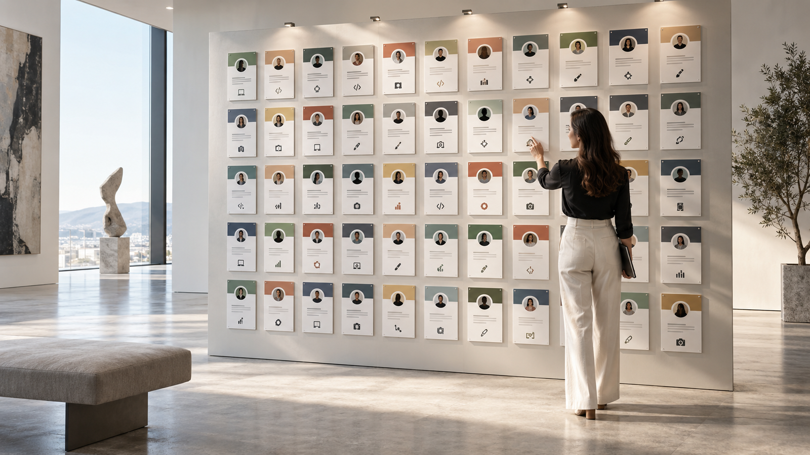 Woman comparing a visual directory representing 50 freelance platforms for finding online work.