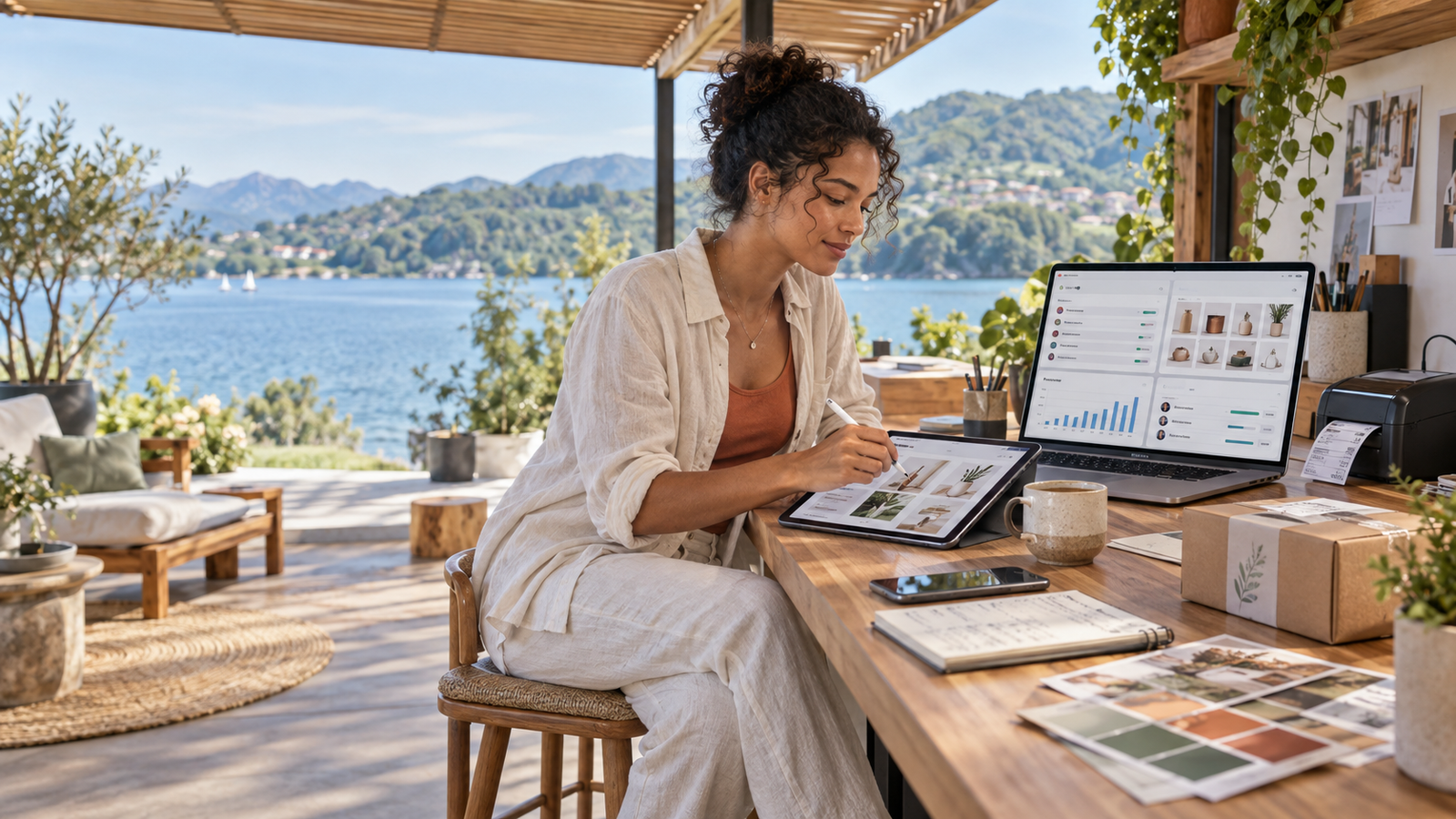 Digital entrepreneur managing online services, products and customer activity from a lakeside workspace