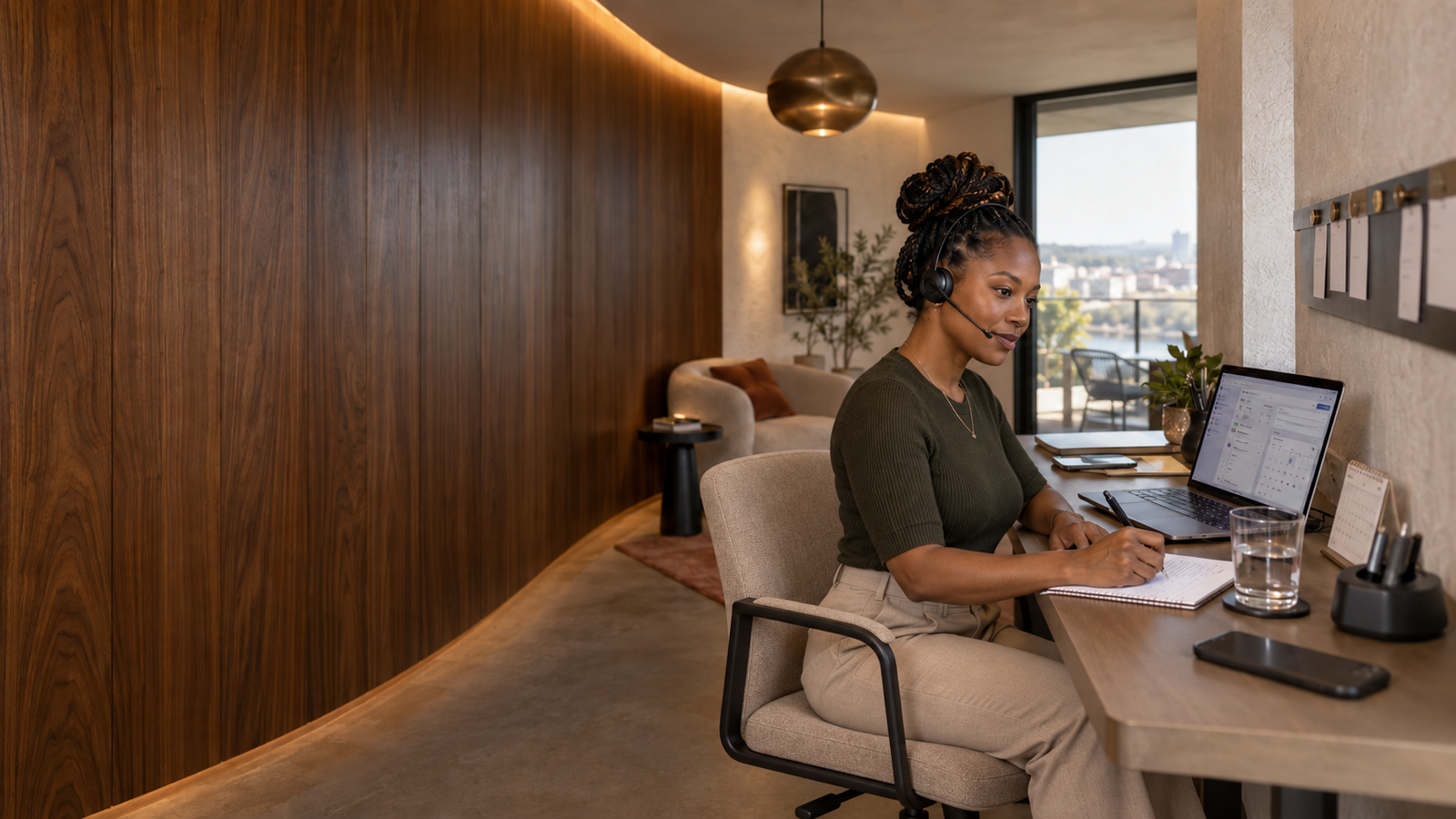 Freelance sales-development and appointment-setting specialist making prospecting calls and updating a CRM in a professional home office.