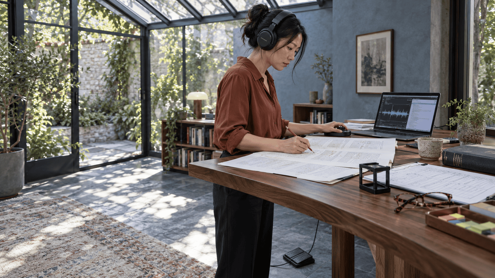 Freelance editorial and audio proofreader checking audiobook narration against printed manuscript pages in a garden studio