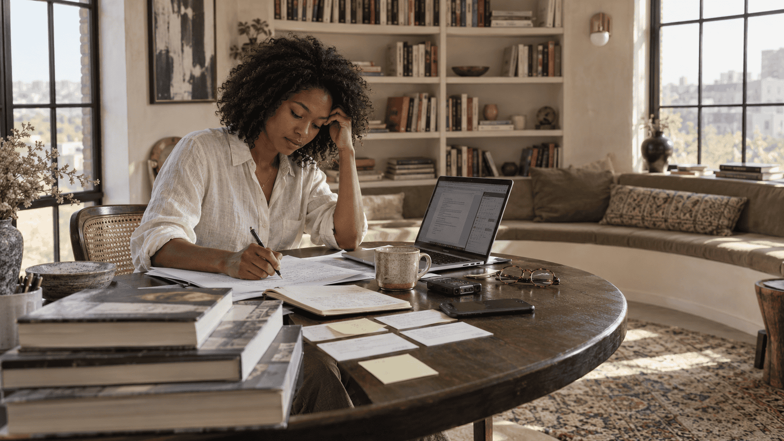 Freelance copywriter and content strategist reviewing drafts and planning content in a sophisticated home library.
