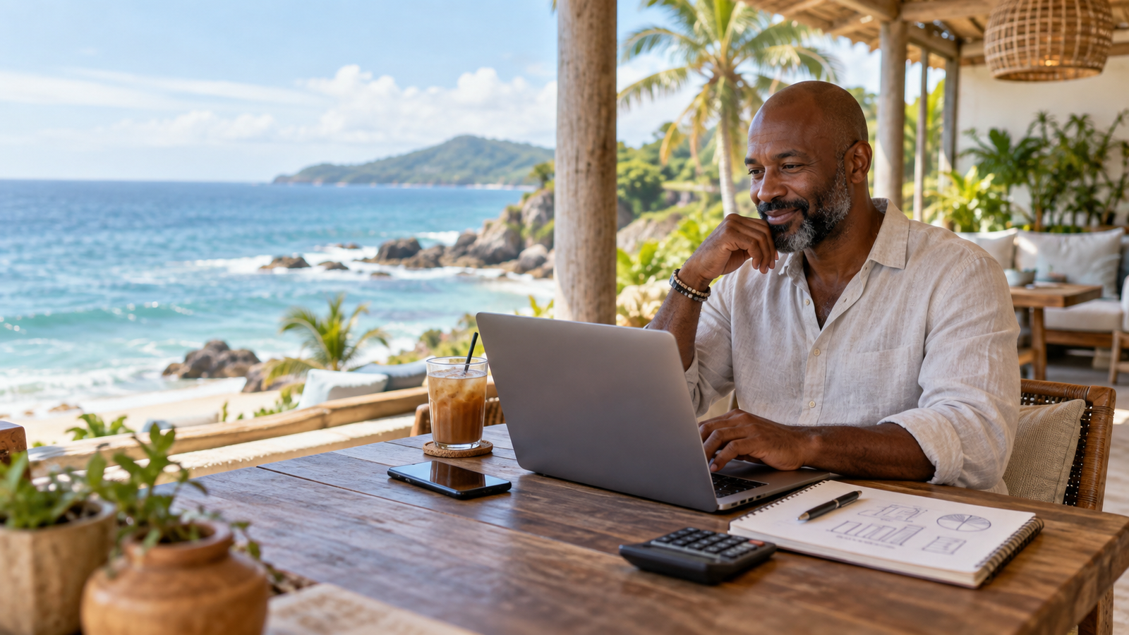 Experienced male freelancer comparing hourly, project and retainer pricing while working from a beachfront terrace.