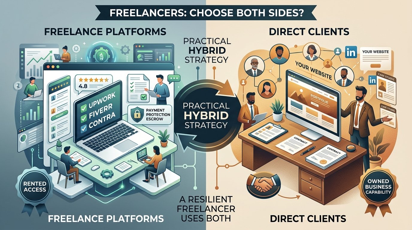 Split graphic comparing freelance platforms versus direct clients with a central hybrid strategy diagram.
