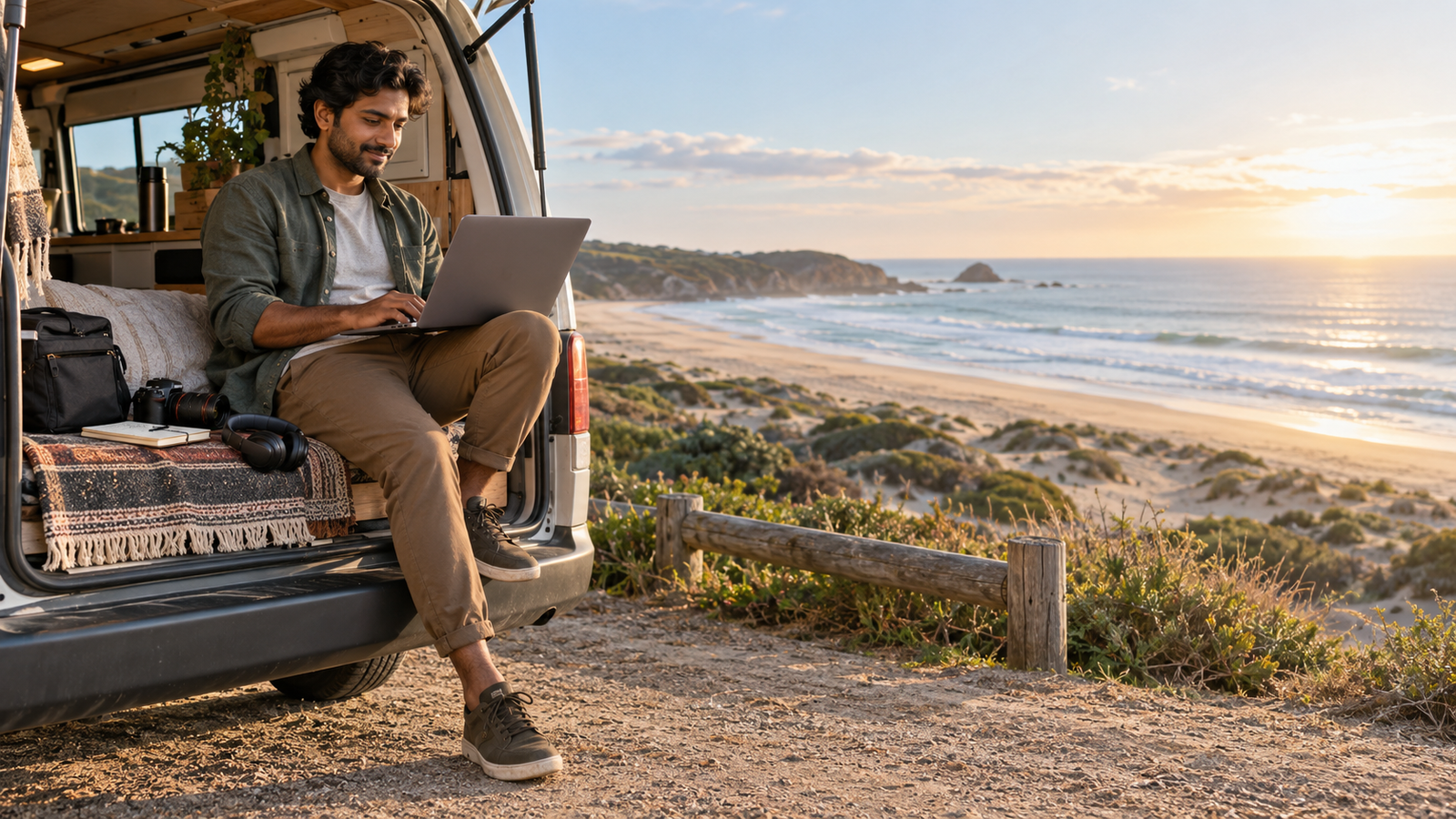 Male freelancer working from the back of a camper van at a peaceful coastal overlook.