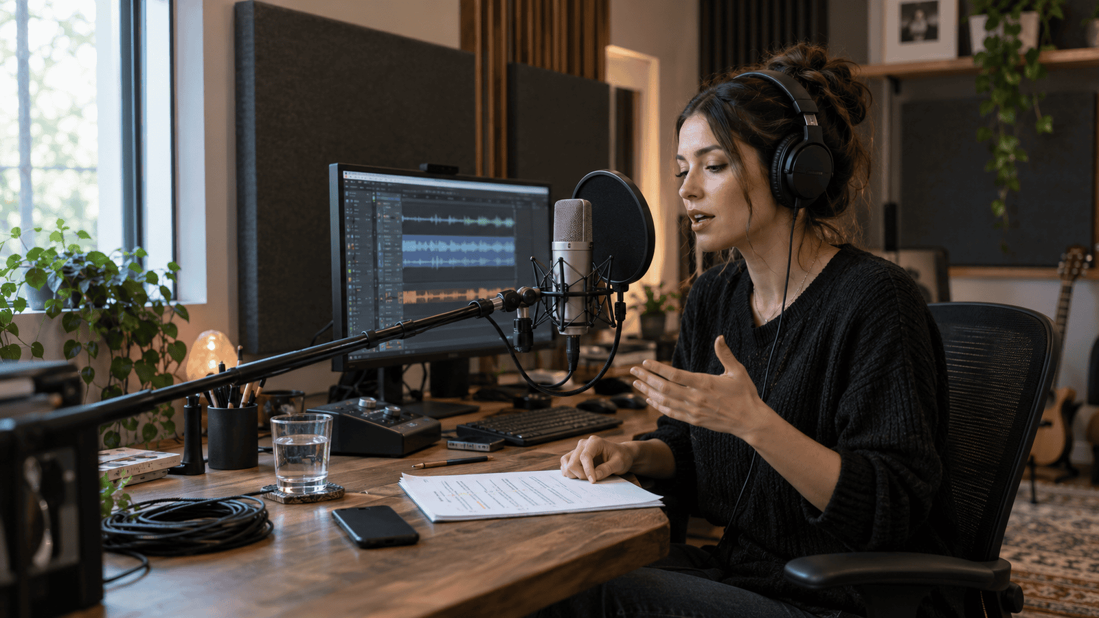 Freelance voiceover artist recording narration with professional audio equipment in an acoustically treated home studio.