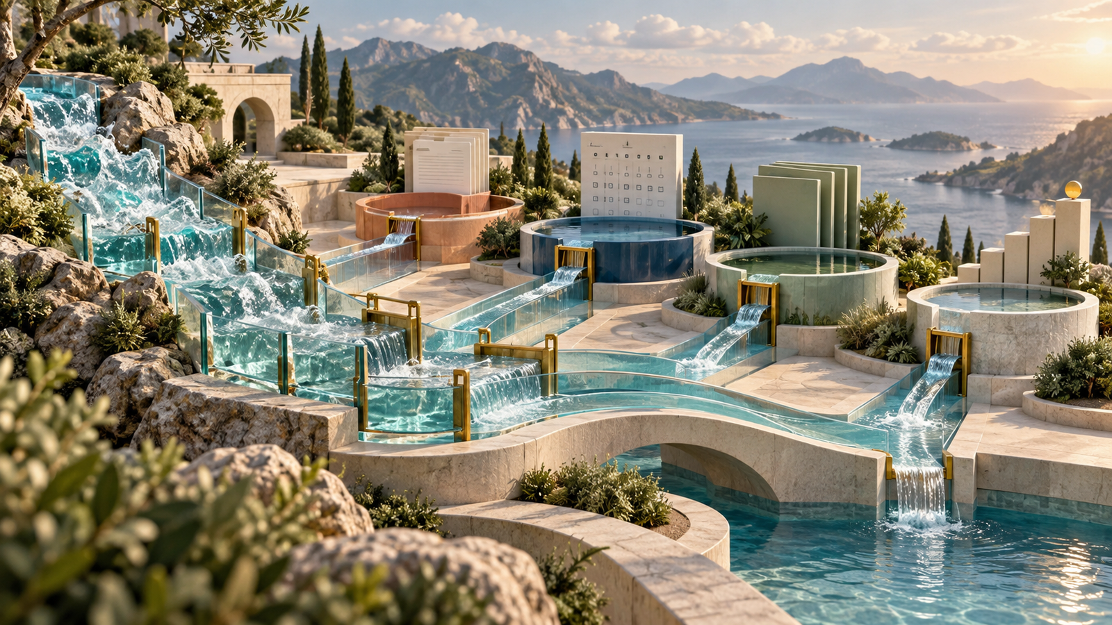 Architectural glass waterways flowing into organized reservoirs representing freelancer income, taxes, expenses and savings