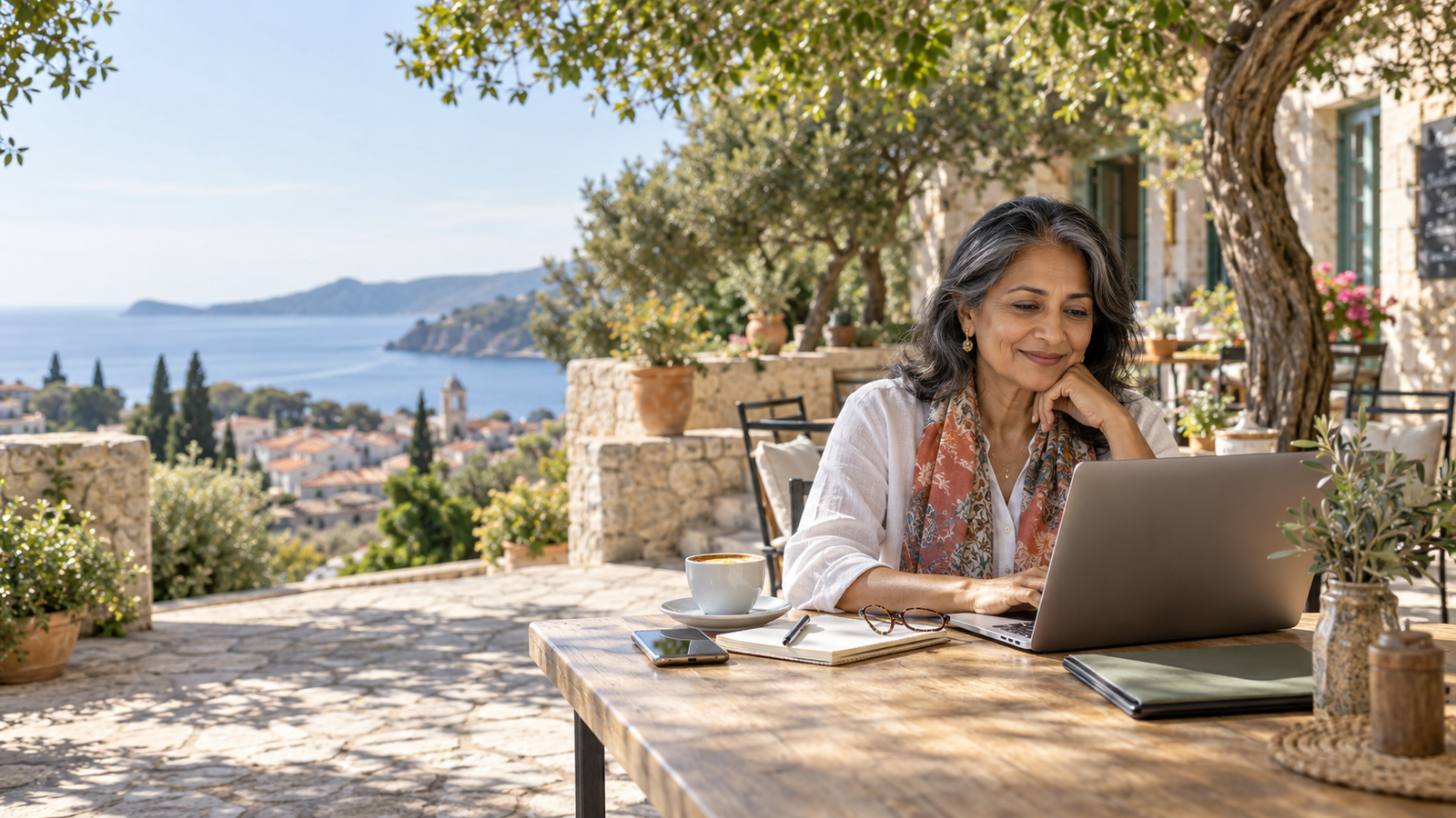 Mature female freelancer confidently reviewing her business from a scenic outdoor Mediterranean workspace.