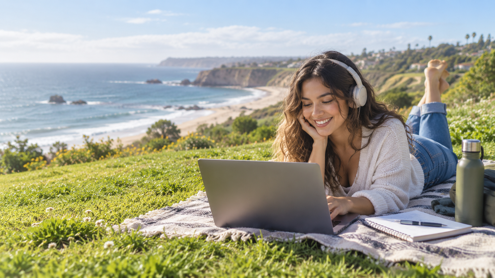 Young female remote professional working on a laptop from a picnic blanket overlooking a sunny beach.