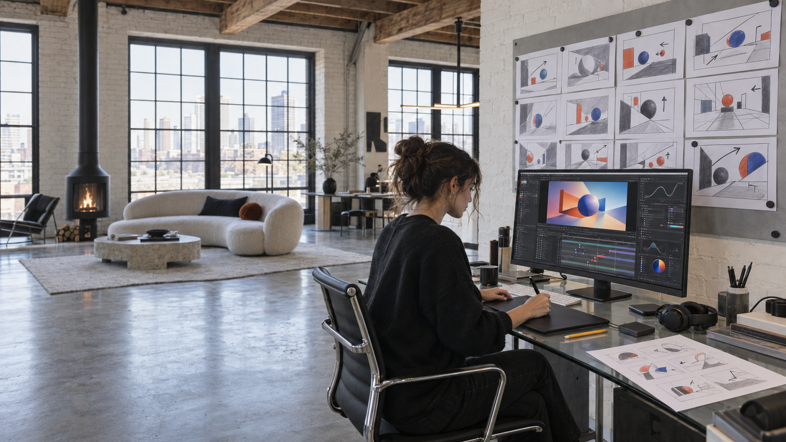 Freelance motion graphics designer creating professional animation in a modern home studio