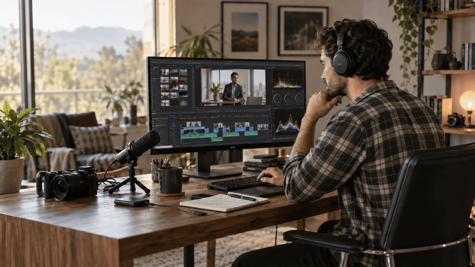 Freelance video editor working on a professional video production project in a modern home studio