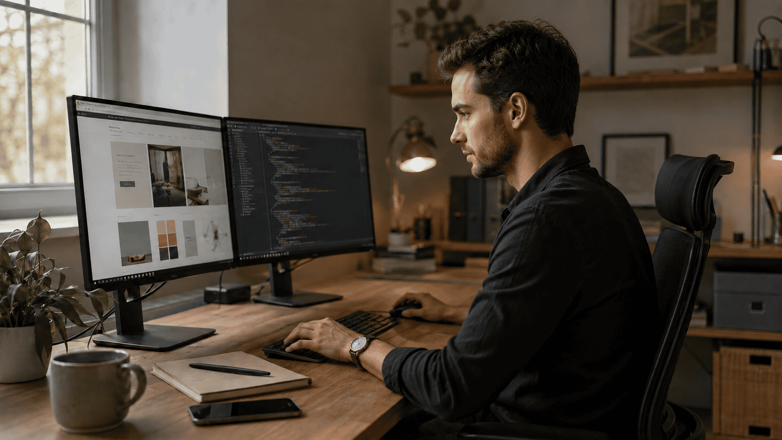 Male freelance web designer and developer working on a responsive website in a professional home office.