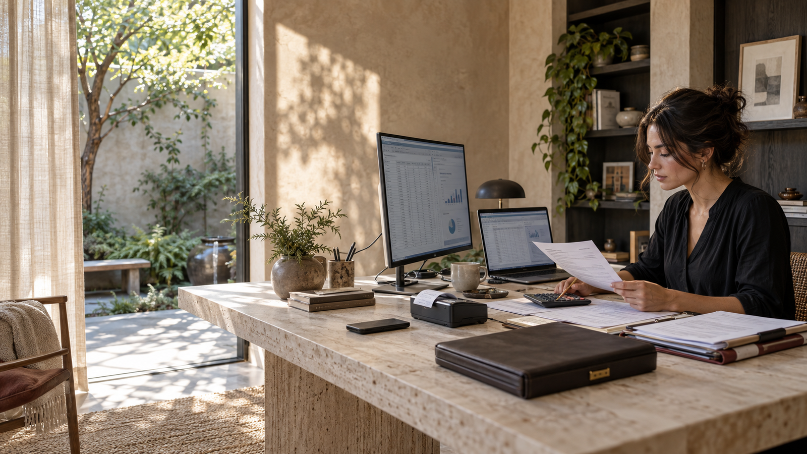 Freelance accountant reviewing tax documents and financial reports in a secure professional home office.