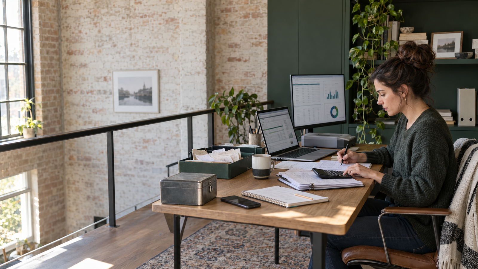 Freelance bookkeeper reconciling accounts and reviewing financial reports in a secure professional home office.