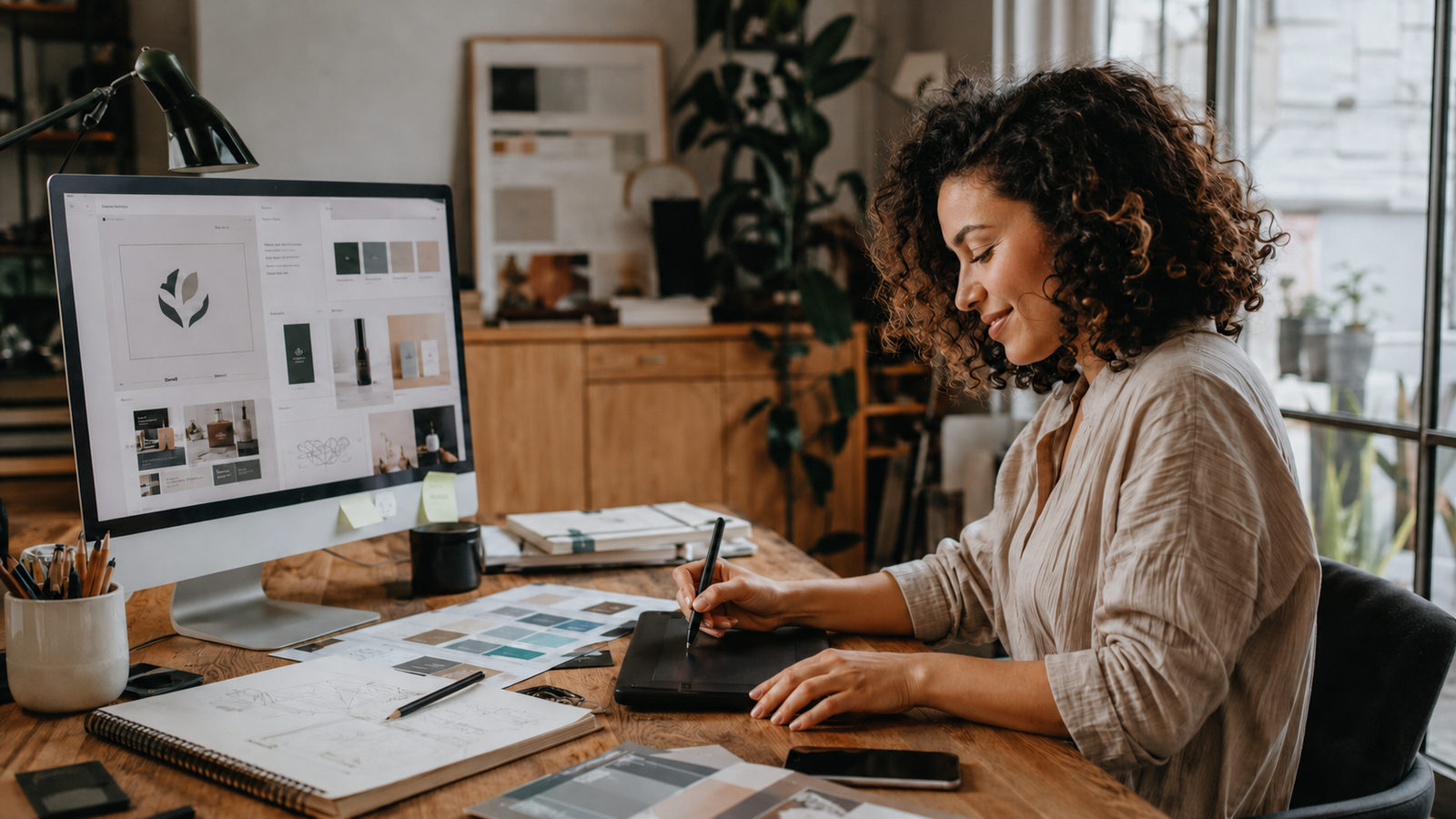 Female freelance brand and graphic designer developing a visual identity in a professional home studio.