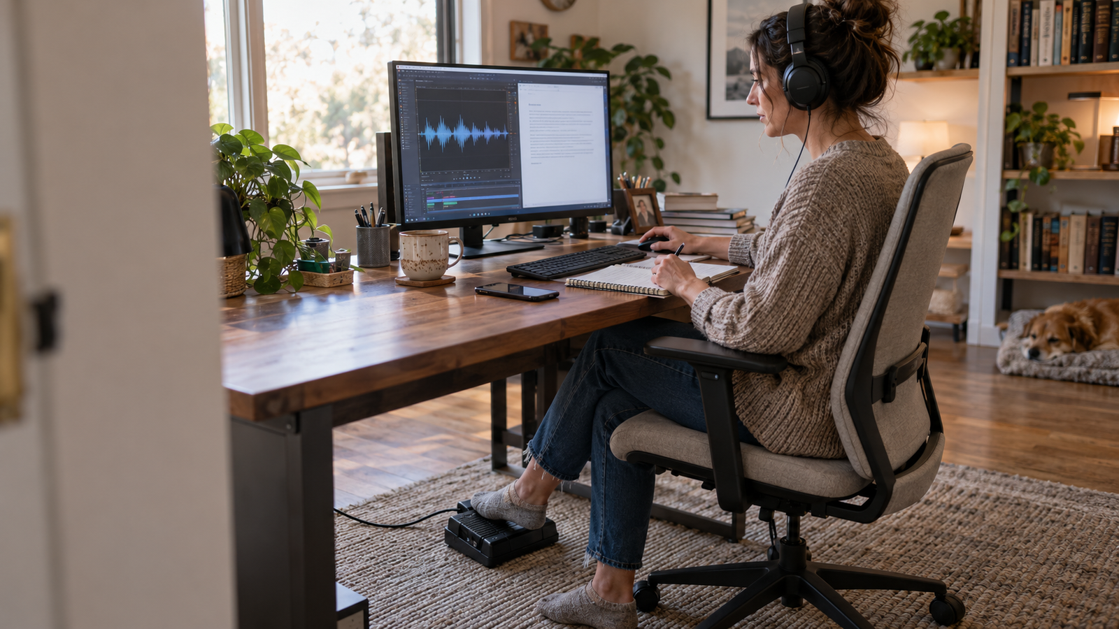 Freelance transcriptionist using headphones to convert an audio recording into a professionally formatted business document.