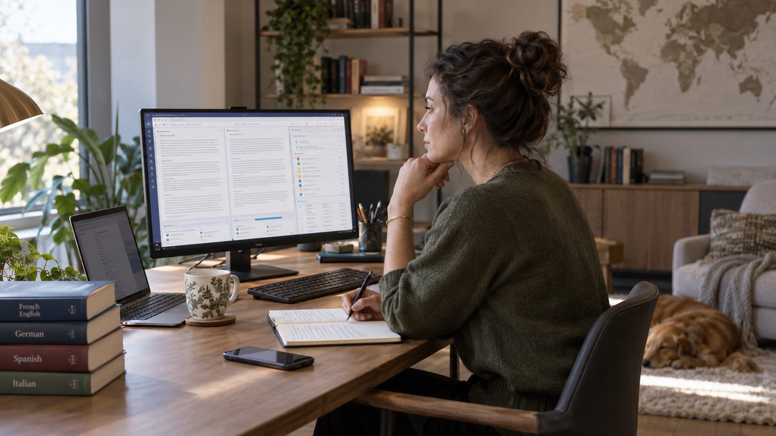 Freelance translator working on multilingual translation and localization content in a professional home office.