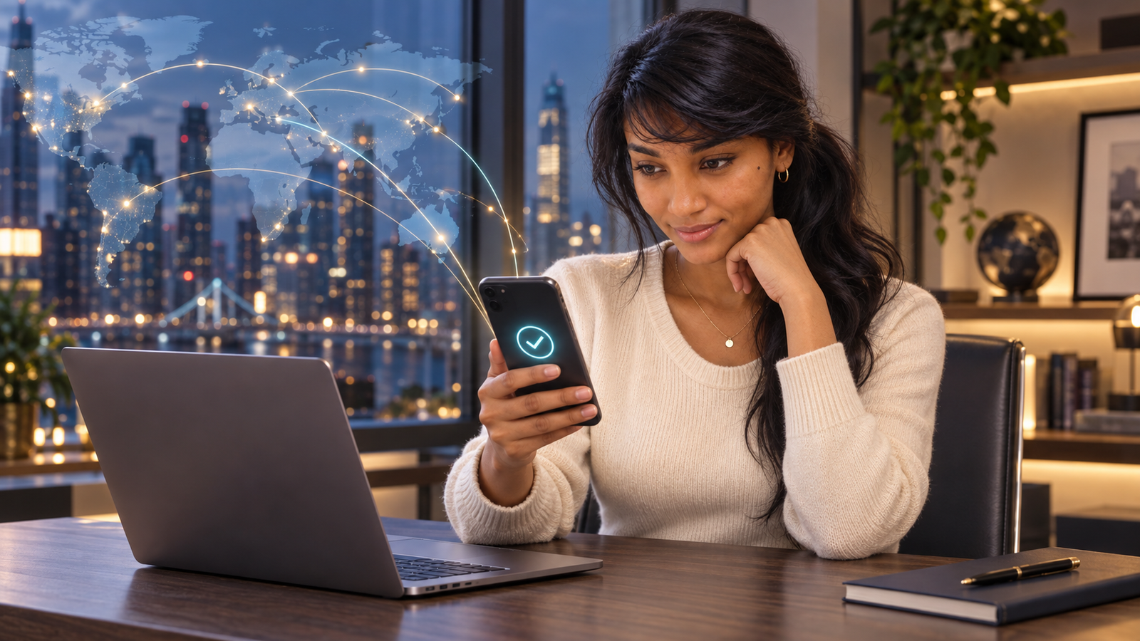International freelancer receiving an instant cross-border payment through a high-tech global digital payment network