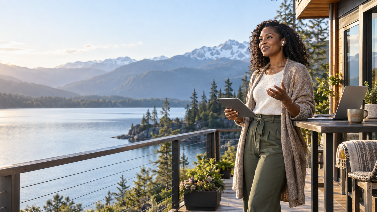 Mid-career female professional standing on a scenic outdoor deck while negotiating a remote job offer by video call.