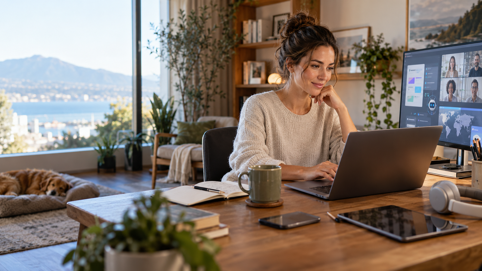 Professional woman using remote collaboration and AI tools in a modern home office, representing positive remote work trends in 2026.
