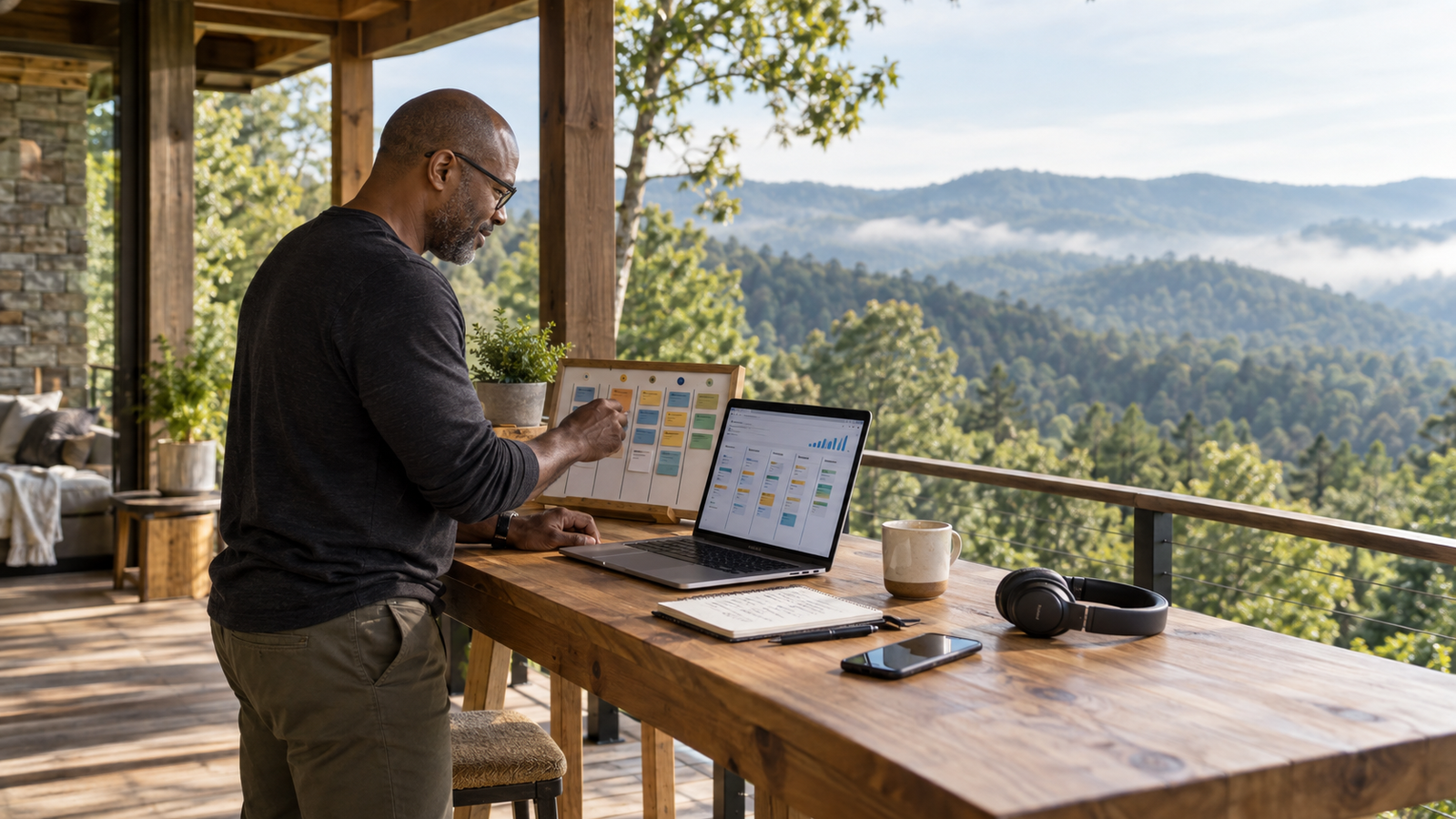 Experienced freelancer organizing client opportunities from a mountain cabin workspace