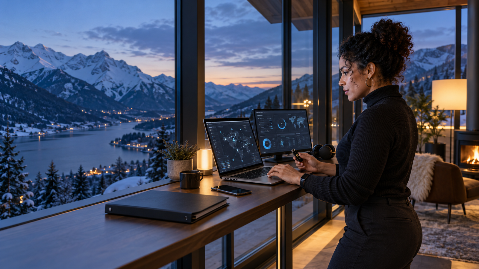 Remote cybersecurity professional monitoring security systems from a private mountain workspace