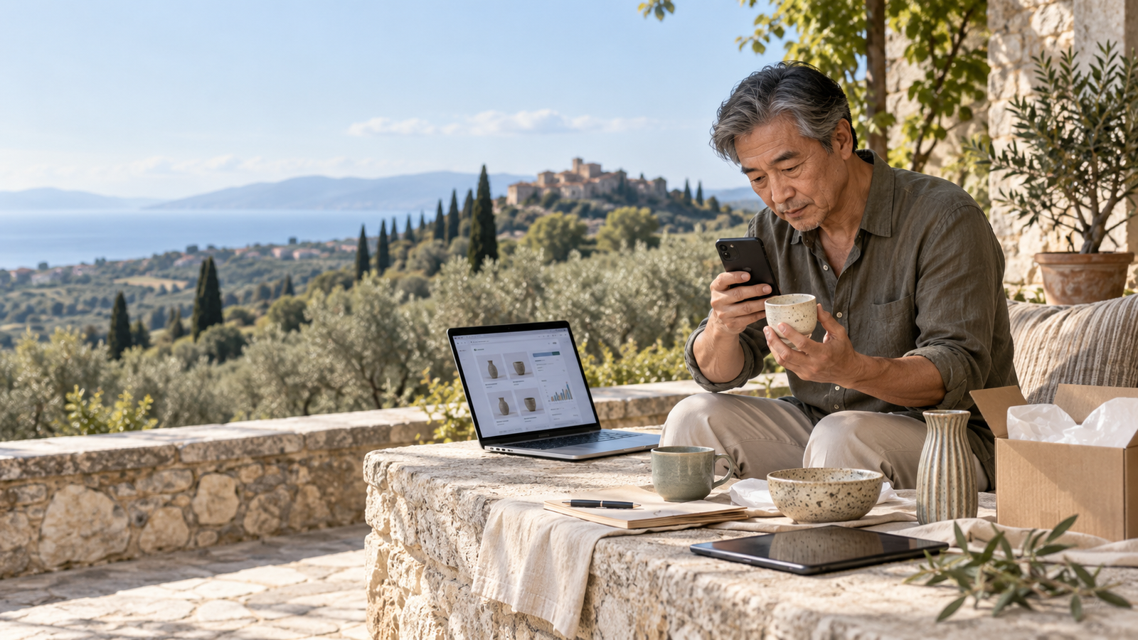 Remote e-commerce professional managing product listings from an outdoor Mediterranean workspace