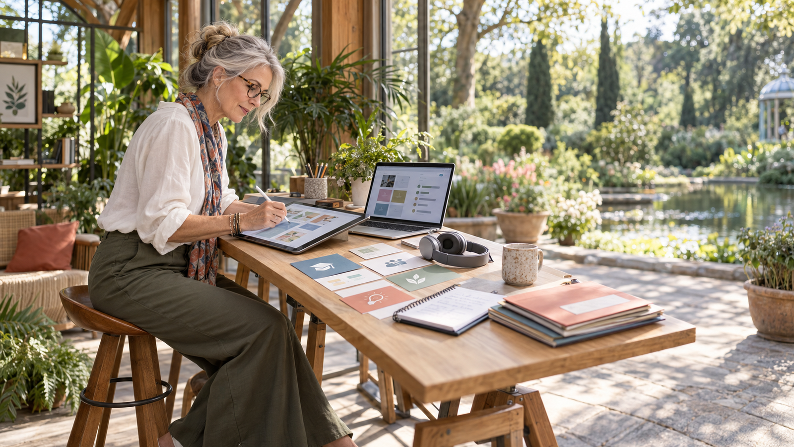 Experienced instructional designer creating an online course from a botanical garden workspace