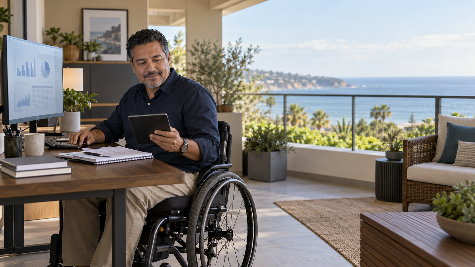 Male finance professional using a wheelchair while reviewing financial information from an accessible coastal home office.