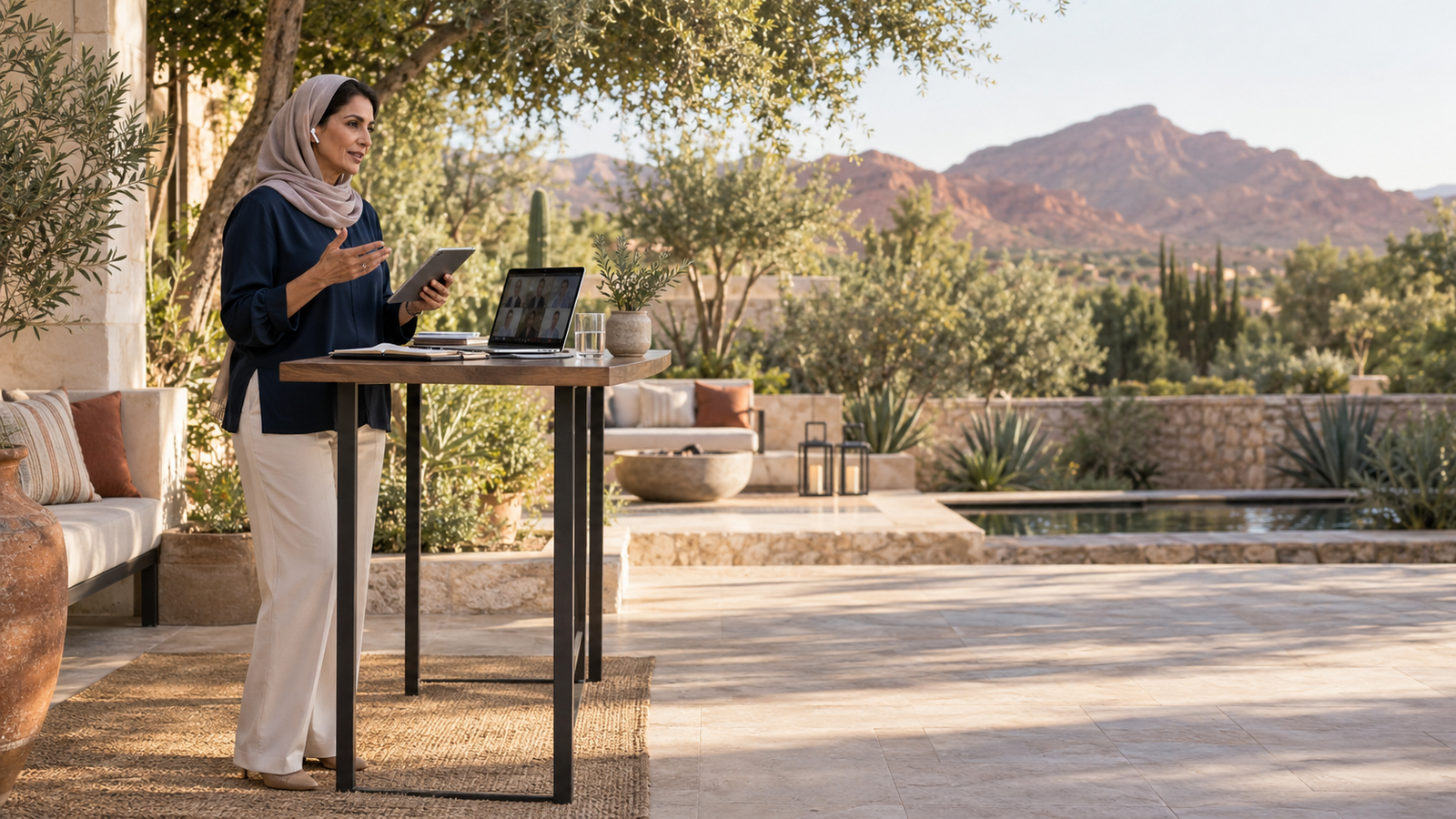 Experienced remote HR professional conducting a virtual employee meeting from an outdoor workspace