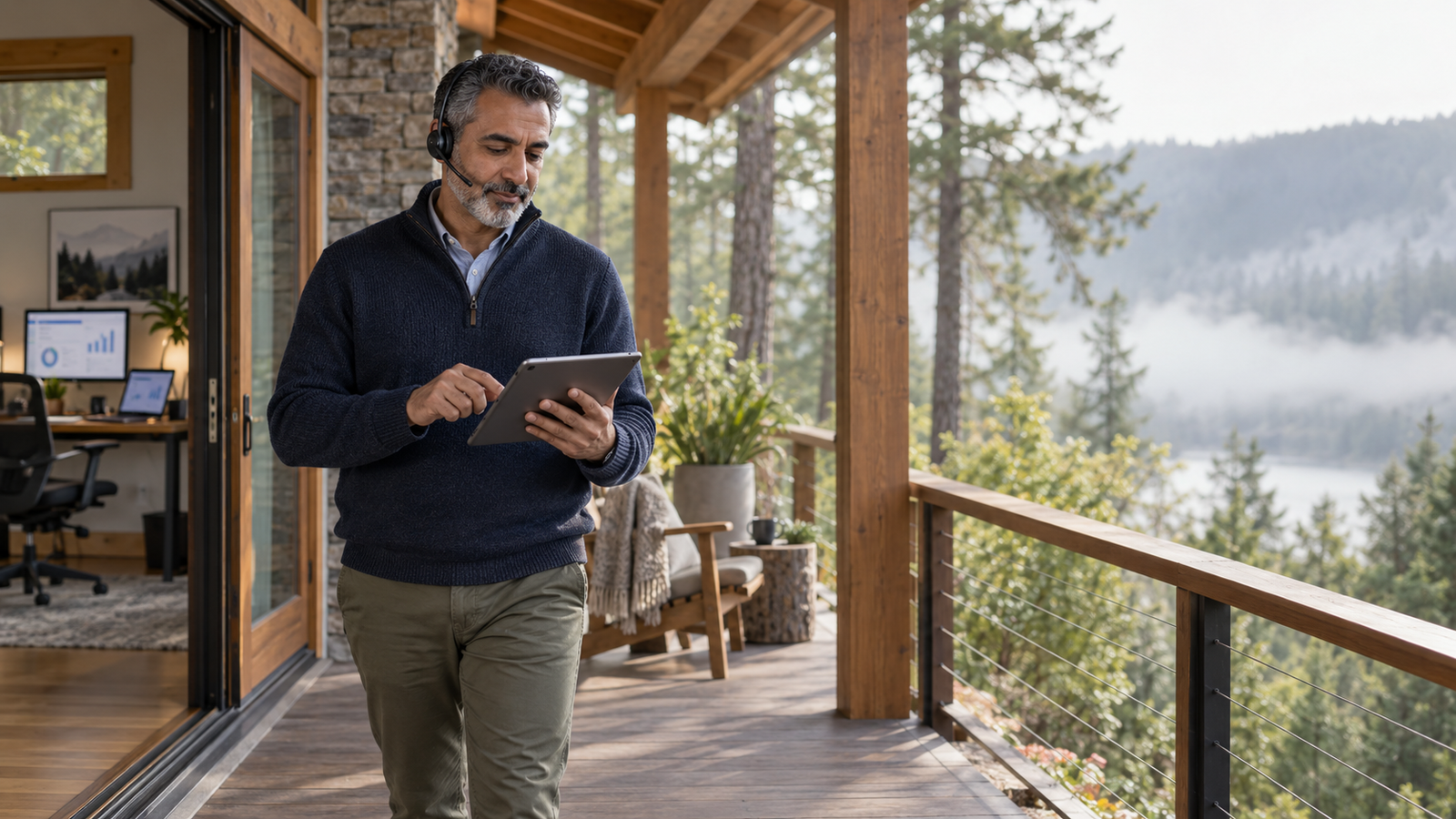 Remote insurance professional reviewing a claim on a tablet from a woodland cabin