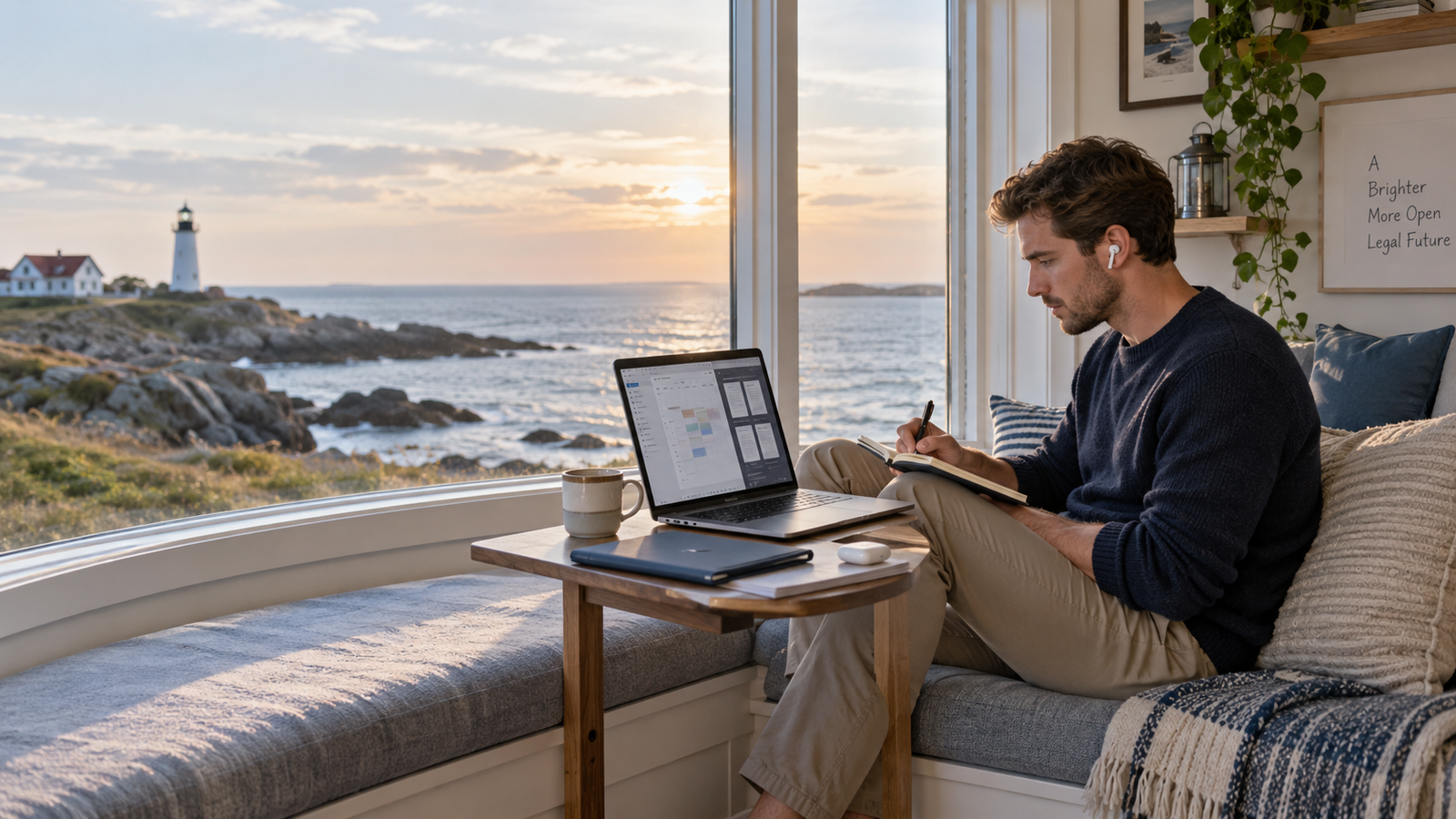Remote legal-support professional reviewing case information from a private coastal workspace