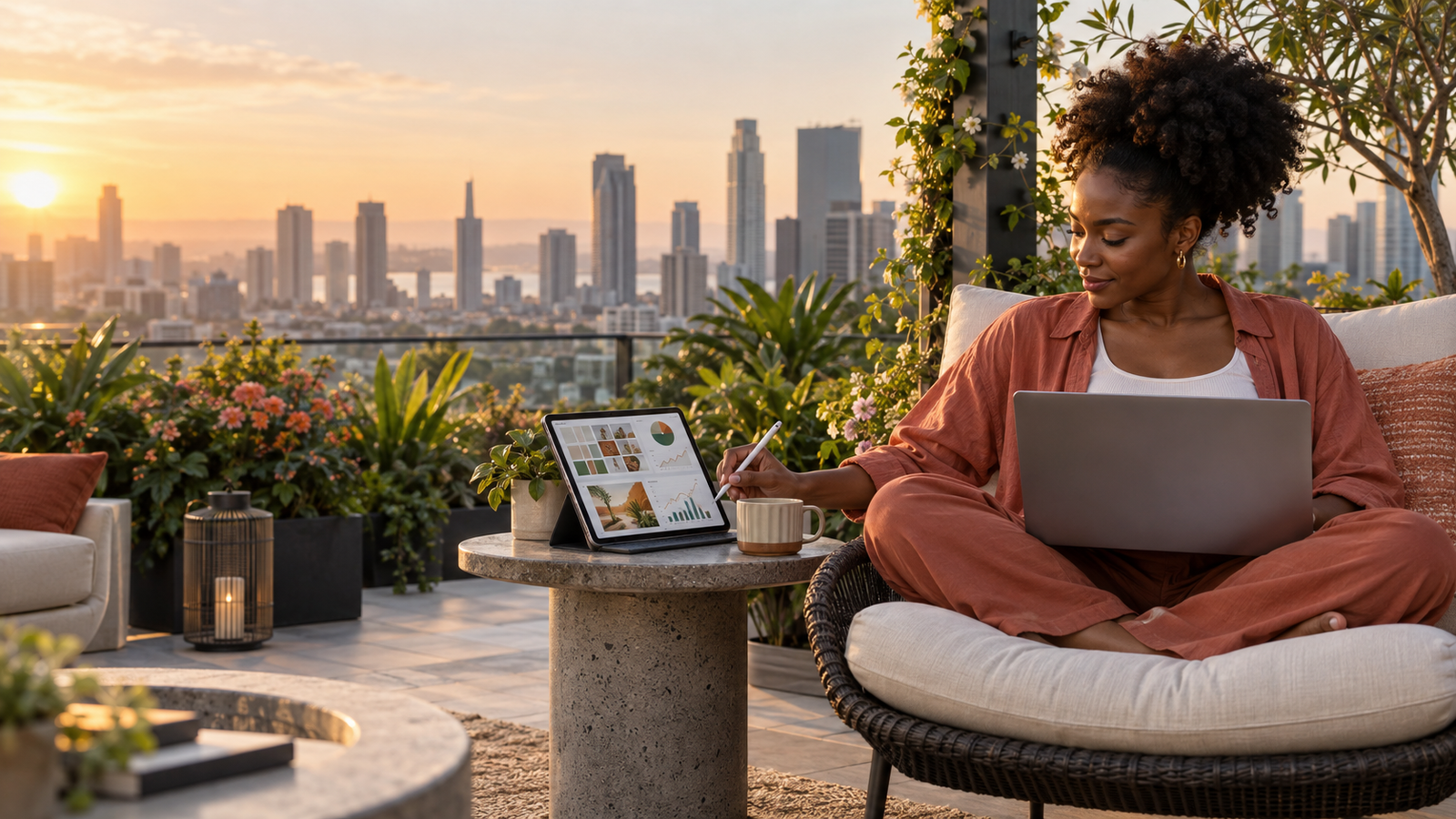 Remote marketing professional analyzing a digital campaign from a rooftop garden