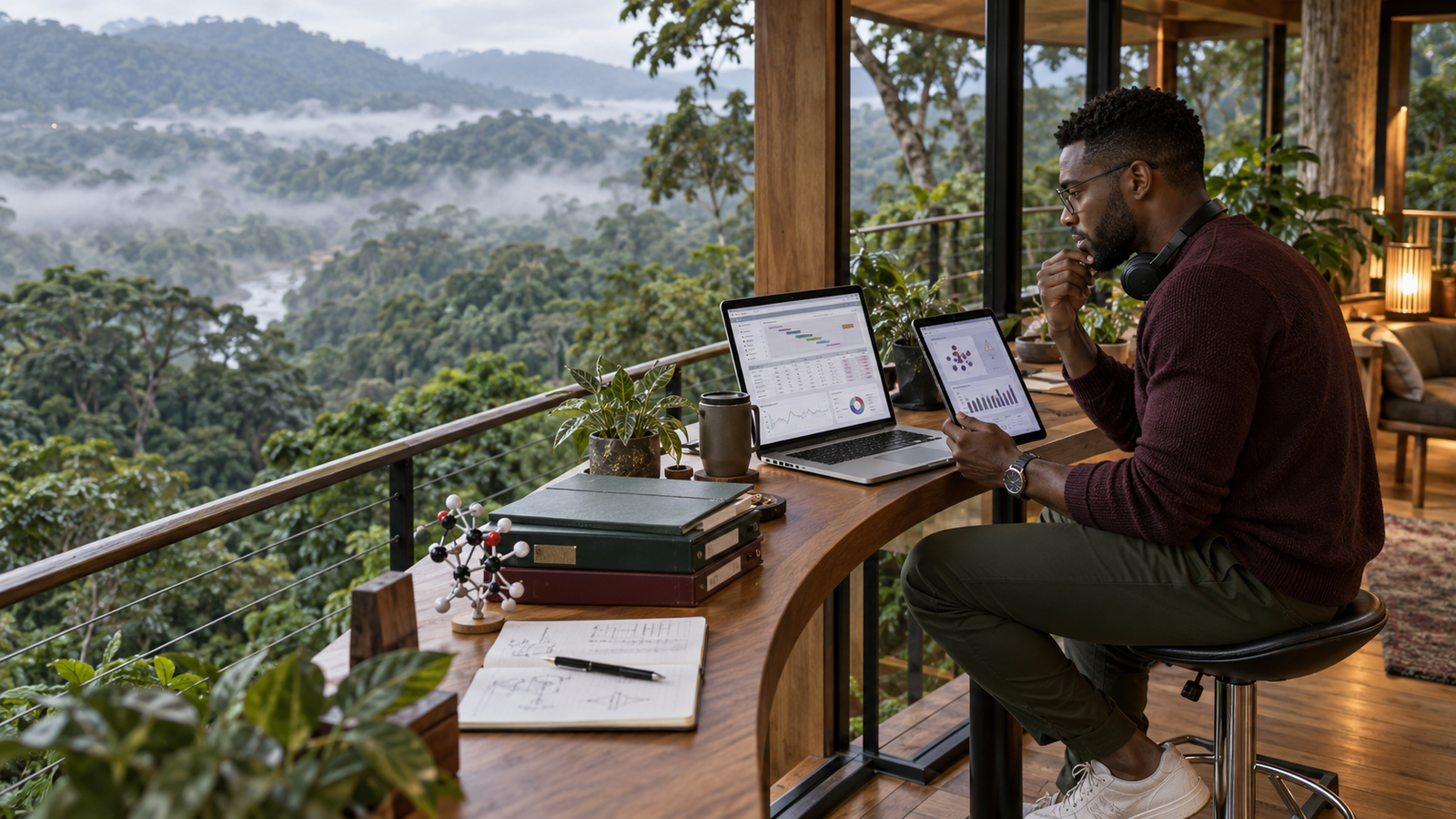 Remote clinical research professional reviewing pharmaceutical trial data from a private rainforest workspace