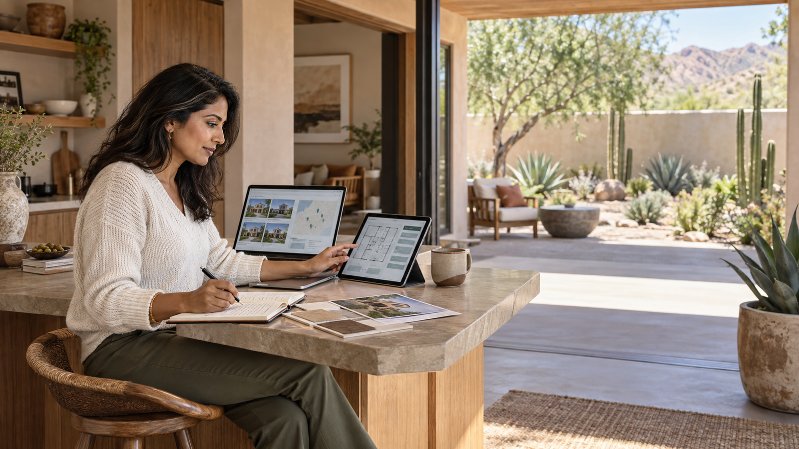 Remote mortgage professional reviewing property information from a modern home workspace