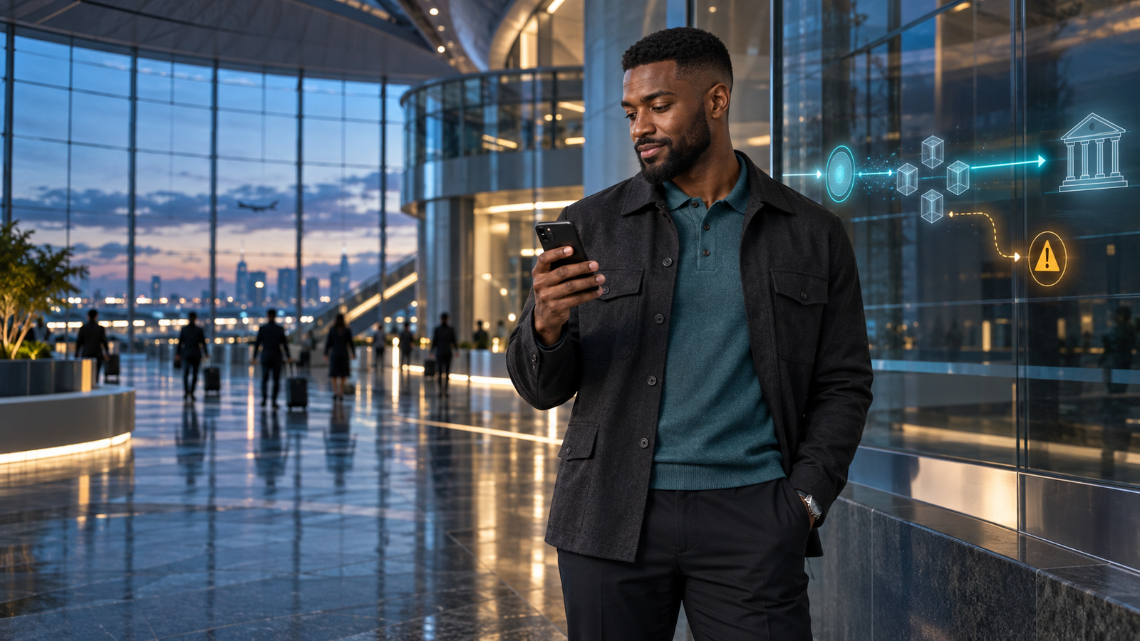 International freelancer reviewing a stablecoin payment in a high-tech global finance terminal