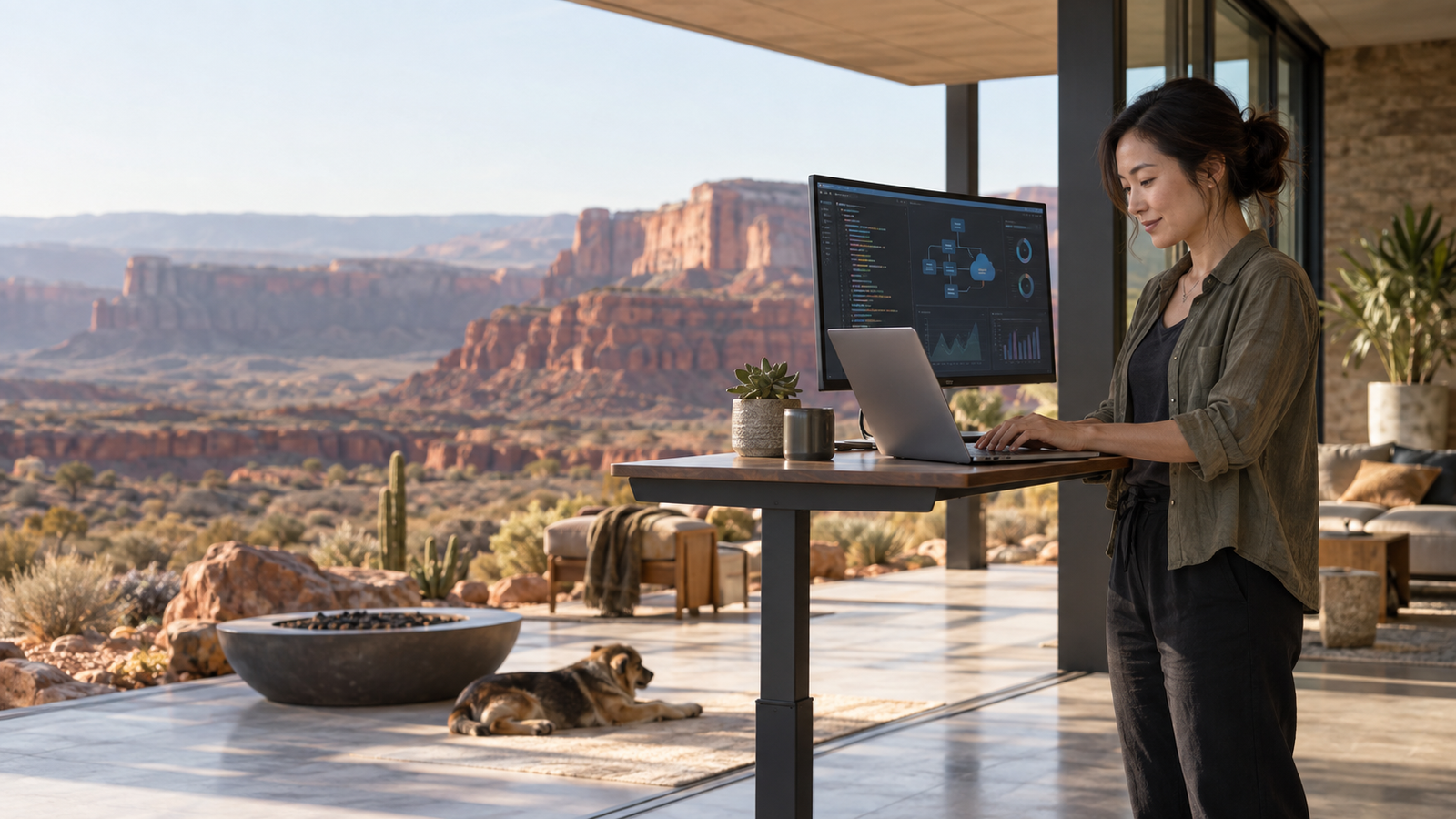 Remote technology professional working at a standing desk overlooking a desert canyon