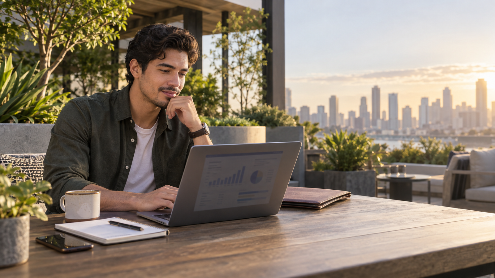Young male professional researching salary ranges on a laptop while working from a landscaped urban rooftop.