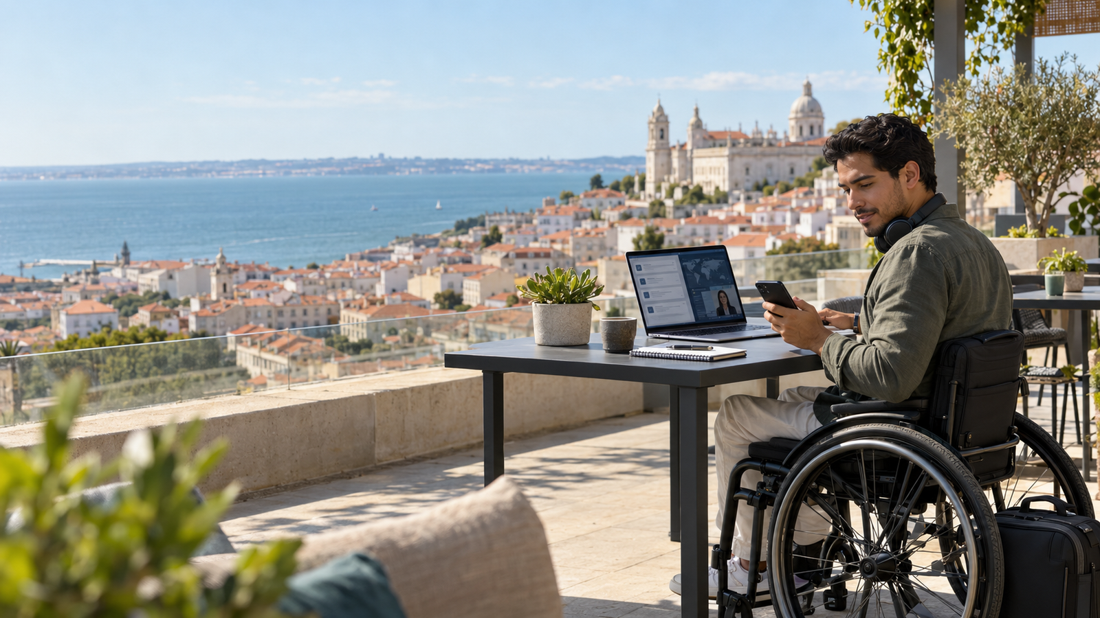 Remote professional using a laptop from an accessible coastal rooftop workspace