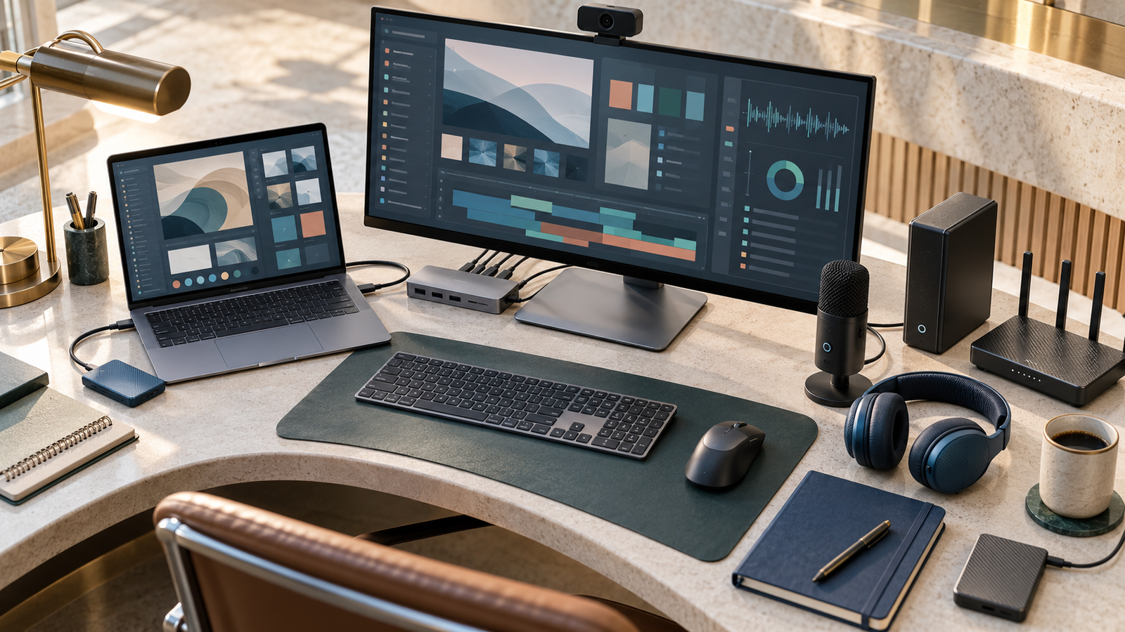 Professional workspace with essential computers, audio equipment, storage and hardware for freelancers