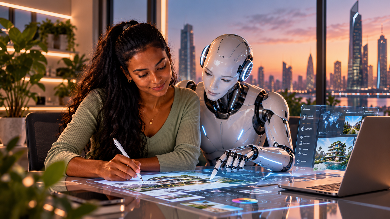 A smiling woman in a sage-green top uses a digital stylus alongside a futuristic humanoid AI assistant, illustrating human-AI collaboration in the workplace.